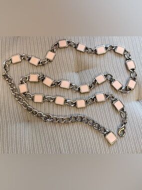 Chain belt w/Pale Pink Enamel Squares on Silver Tone links Vintage Accessory